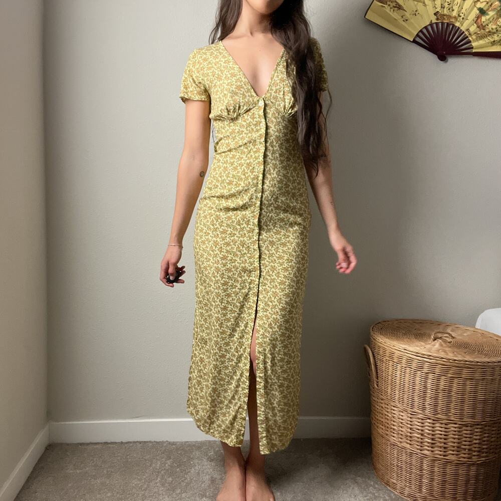 motel yellow floral boho cottage button midi maxi dress